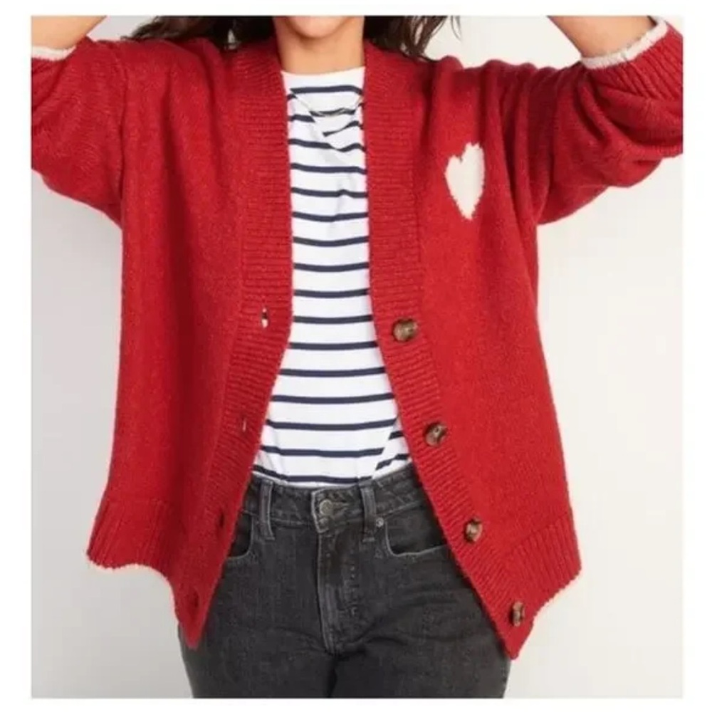Old Navy Red Button-Down Cardigan with Heart Detail - XS
